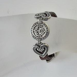 VTG Retired BRIGHTON Brown Leather Fleur De Lis and Hearts Bracelet #07025